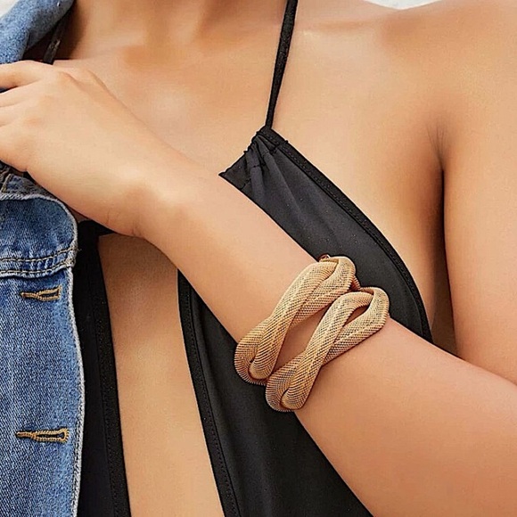 GOLD LAYERED MESH BANGLE BRACELET WIDE CUFF - Picture 2 of 8